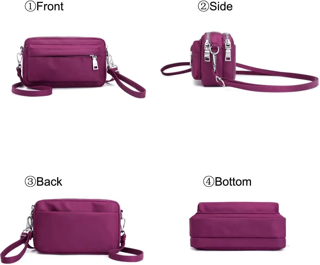 Multi-Zipper Crossbody Handbag Purse, Women's Nylon Wristlet Mini Crossbody Bag Clutch with 2 Straps