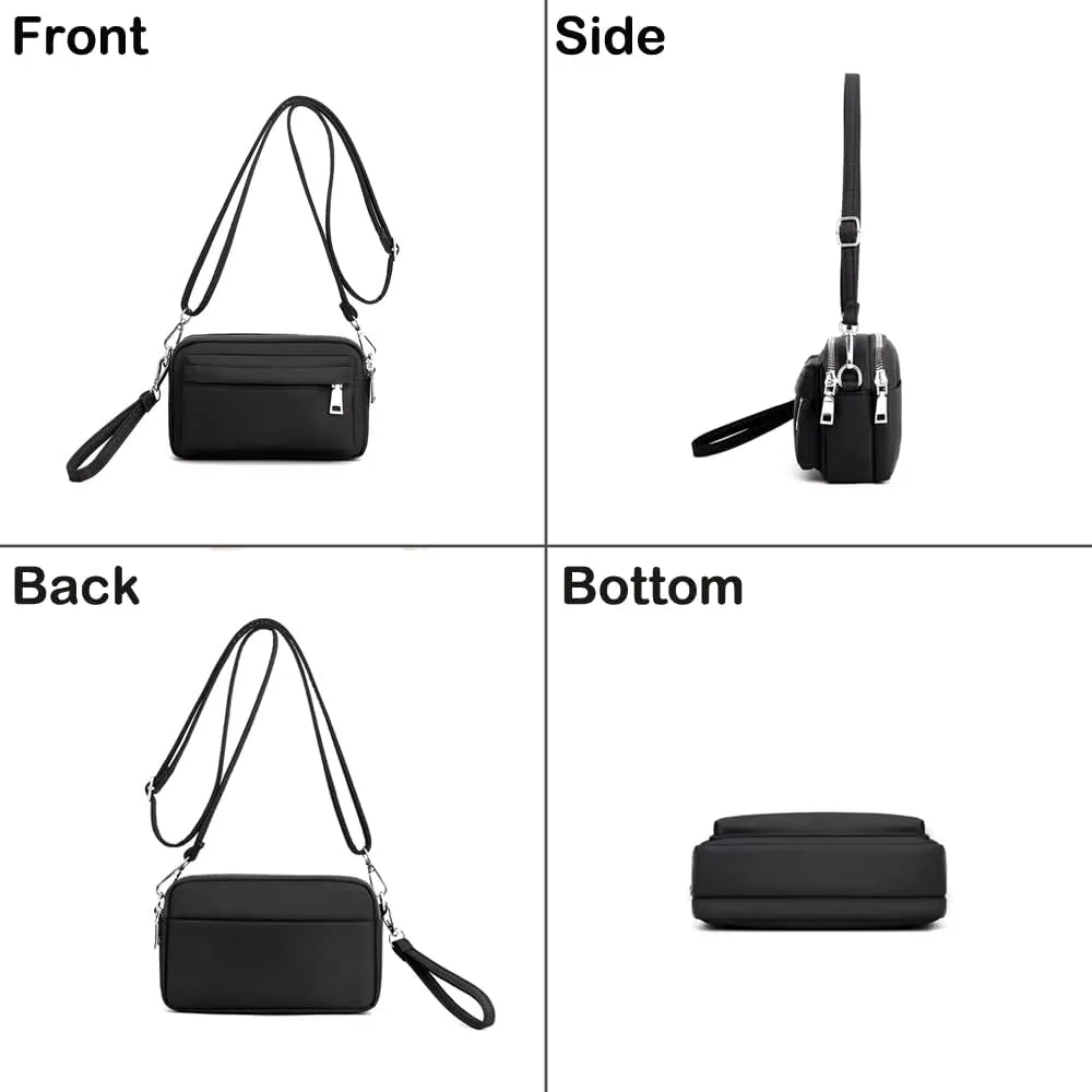 Multi-Zipper Crossbody Handbag Purse, Women's Nylon Wristlet Mini Crossbody Bag Clutch with 2 Straps