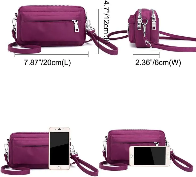 Multi-Zipper Crossbody Handbag Purse, Women's Nylon Wristlet Mini Crossbody Bag Clutch with 2 Straps