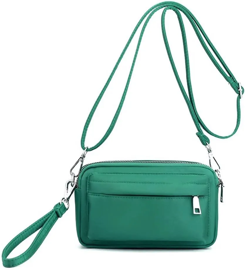 Multi-Zipper Crossbody Handbag Purse, Women's Nylon Wristlet Mini Crossbody Bag Clutch with 2 Straps