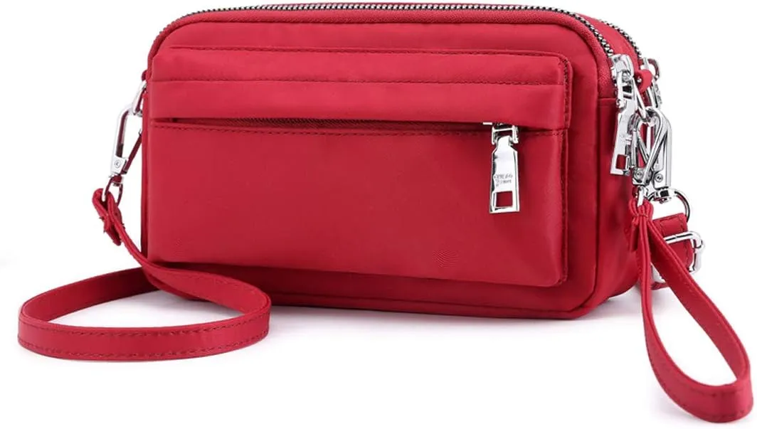 Multi-Zipper Crossbody Handbag Purse, Women's Nylon Wristlet Mini Crossbody Bag Clutch with 2 Straps