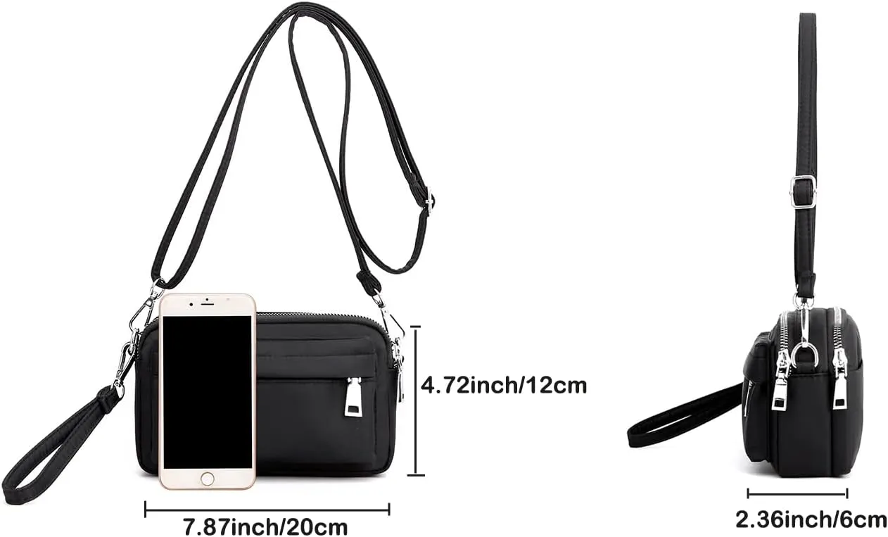 Multi-Zipper Crossbody Handbag Purse, Women's Nylon Wristlet Mini Crossbody Bag Clutch with 2 Straps