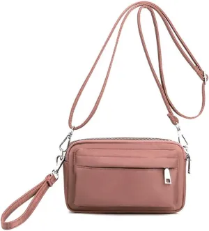 Multi-Zipper Crossbody Handbag Purse, Women's Nylon Wristlet Mini Crossbody Bag Clutch with 2 Straps