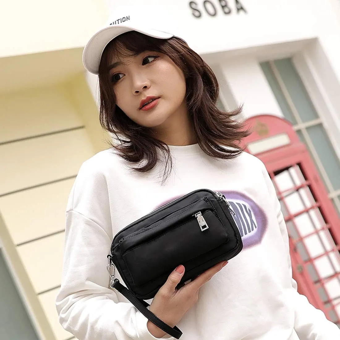 Multi-Zipper Crossbody Handbag Purse, Women's Nylon Wristlet Mini Crossbody Bag Clutch with 2 Straps