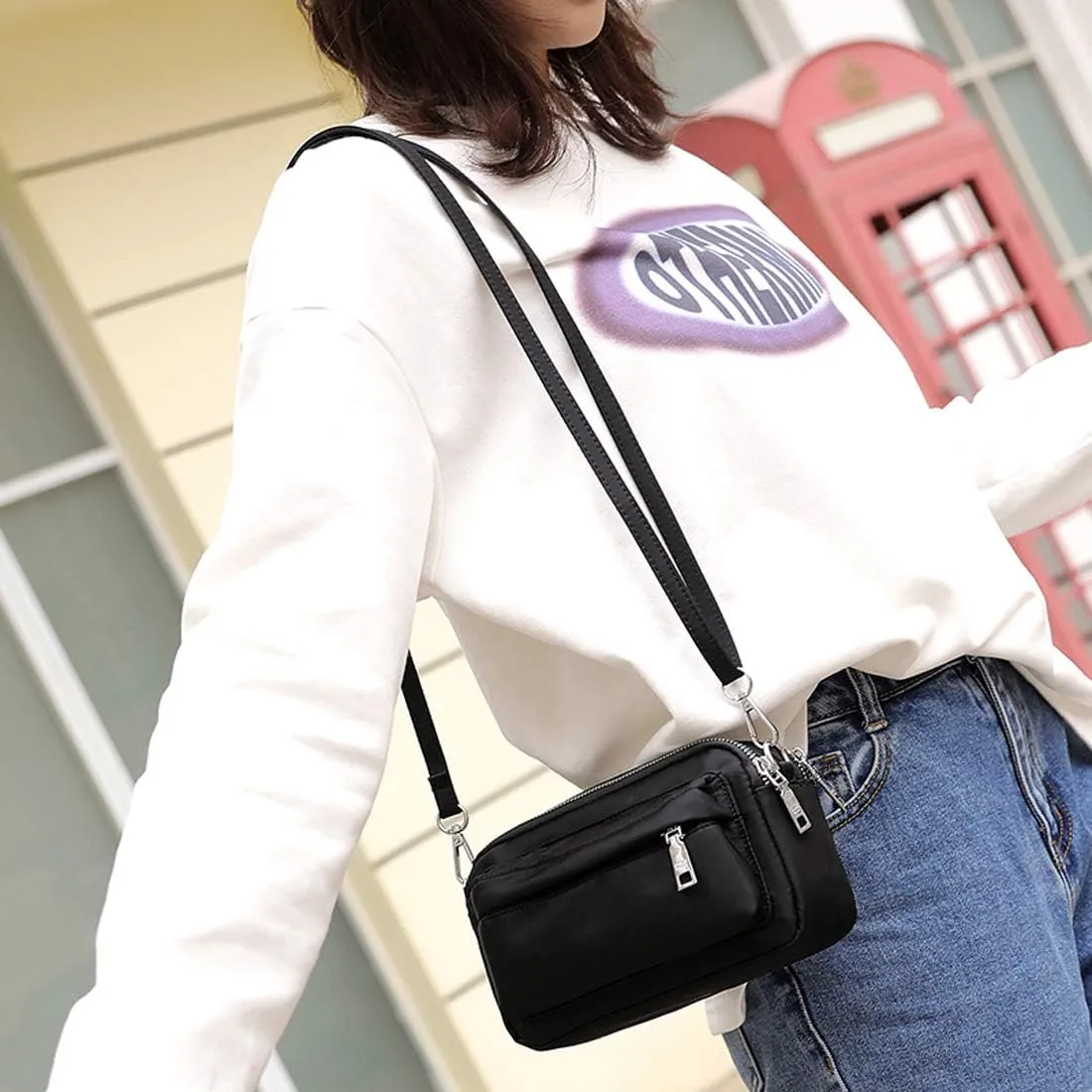 Multi-Zipper Crossbody Handbag Purse, Women's Nylon Wristlet Mini Crossbody Bag Clutch with 2 Straps