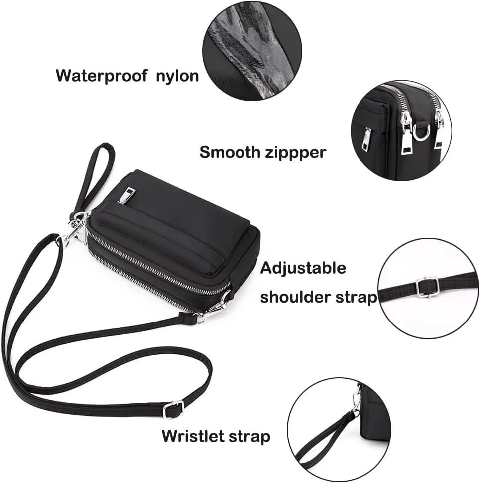 Multi-Zipper Crossbody Handbag Purse, Women's Nylon Wristlet Mini Crossbody Bag Clutch with 2 Straps