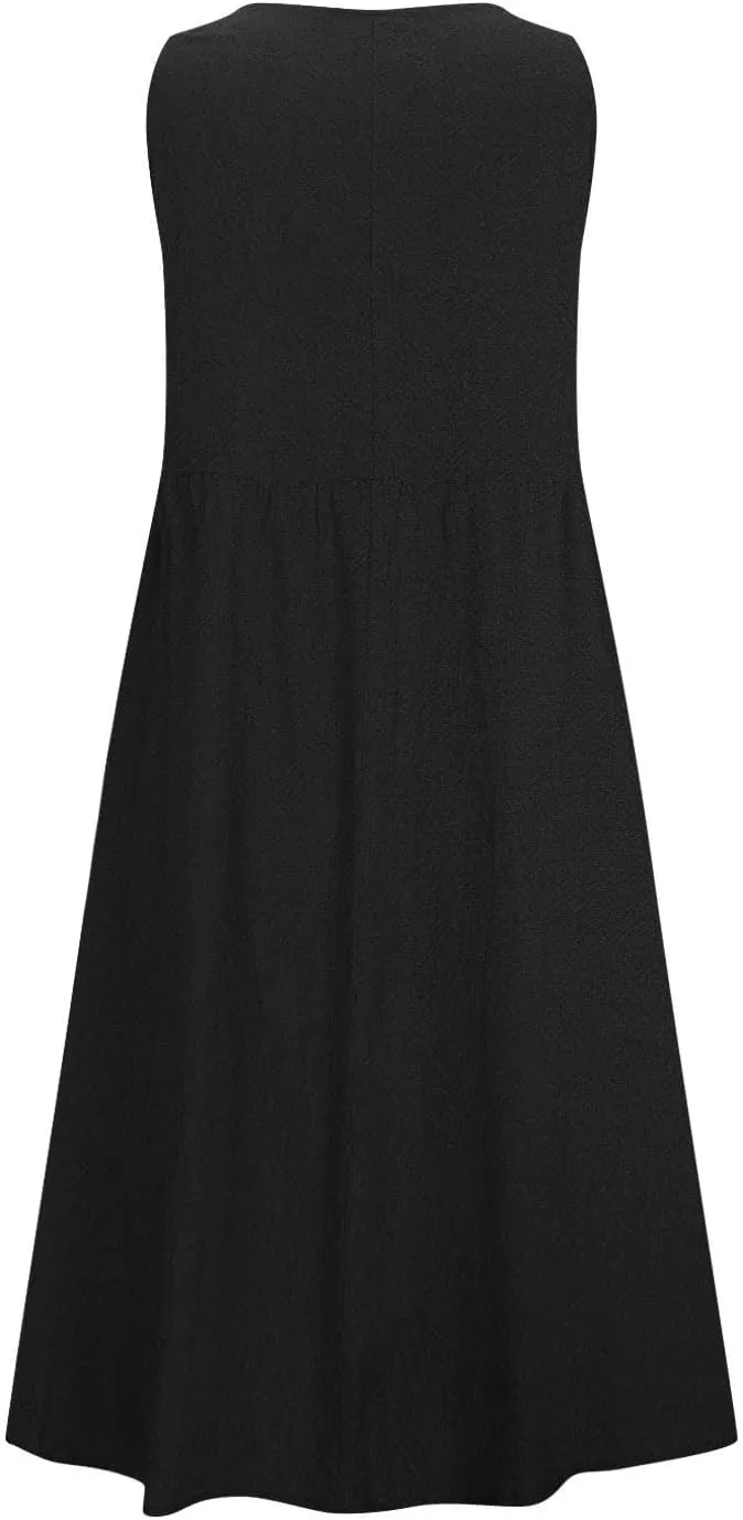 Mzkdieey Maxi Dresses for Women Summer Crew Neck Sleeveless Long Beach Dresses Plain Casual Loose Sundress with Pockets