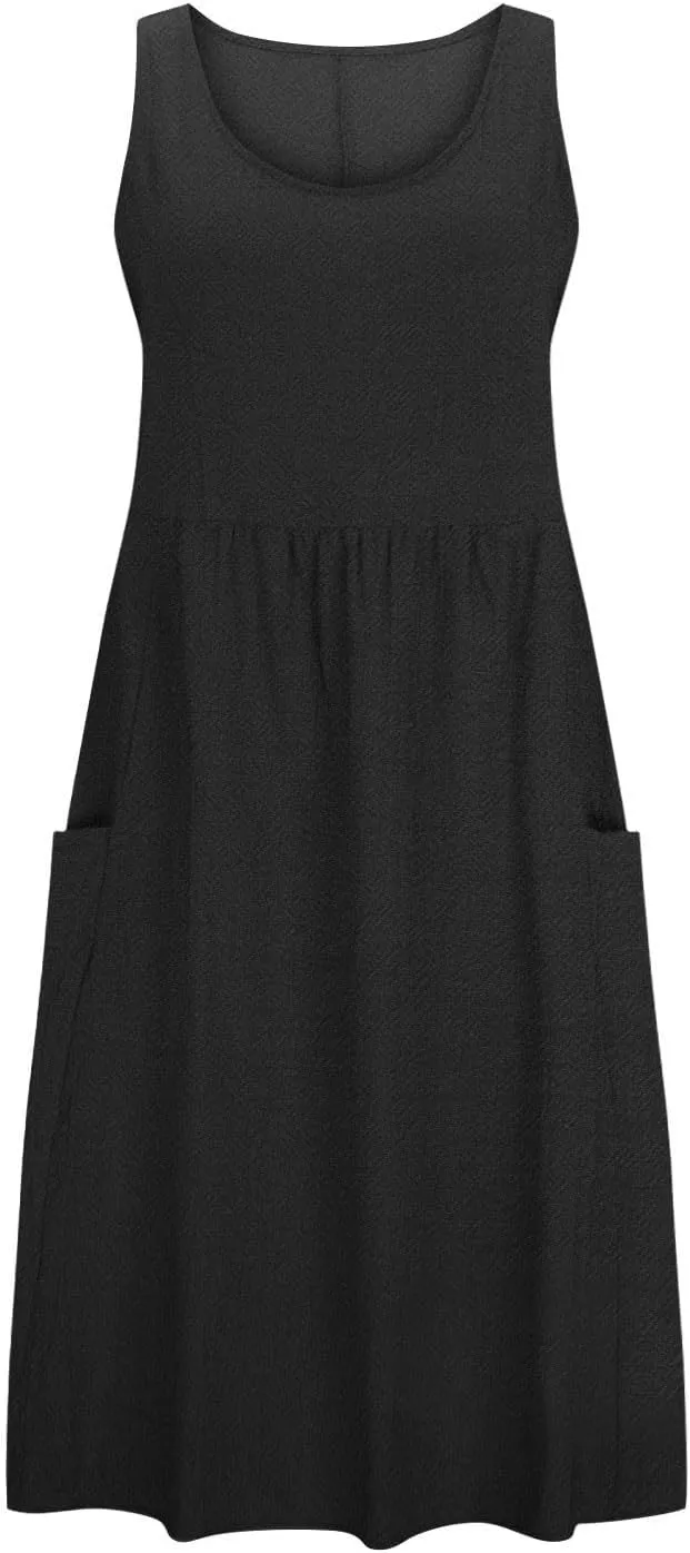 Mzkdieey Maxi Dresses for Women Summer Crew Neck Sleeveless Long Beach Dresses Plain Casual Loose Sundress with Pockets