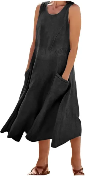 Mzkdieey Maxi Dresses for Women Summer Crew Neck Sleeveless Long Beach Dresses Plain Casual Loose Sundress with Pockets