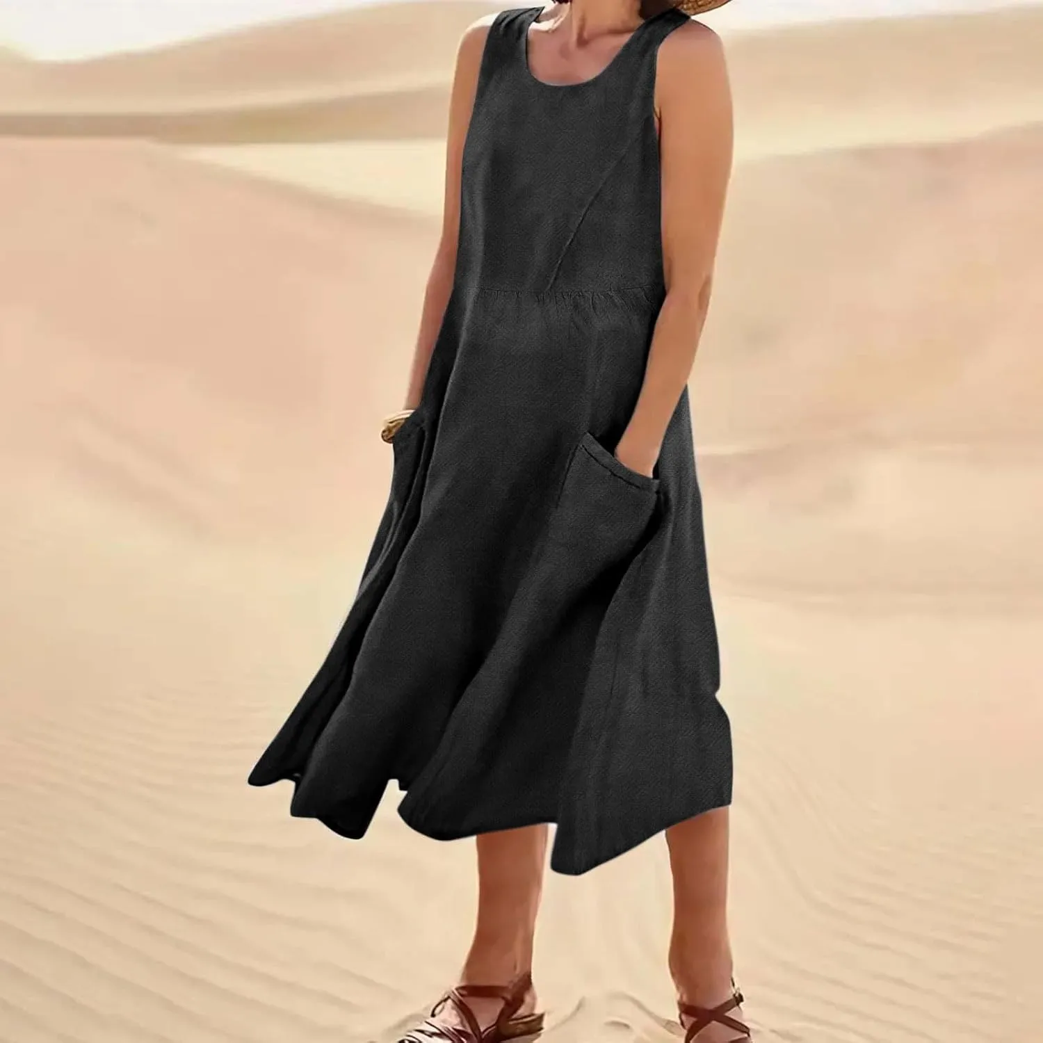 Mzkdieey Maxi Dresses for Women Summer Crew Neck Sleeveless Long Beach Dresses Plain Casual Loose Sundress with Pockets