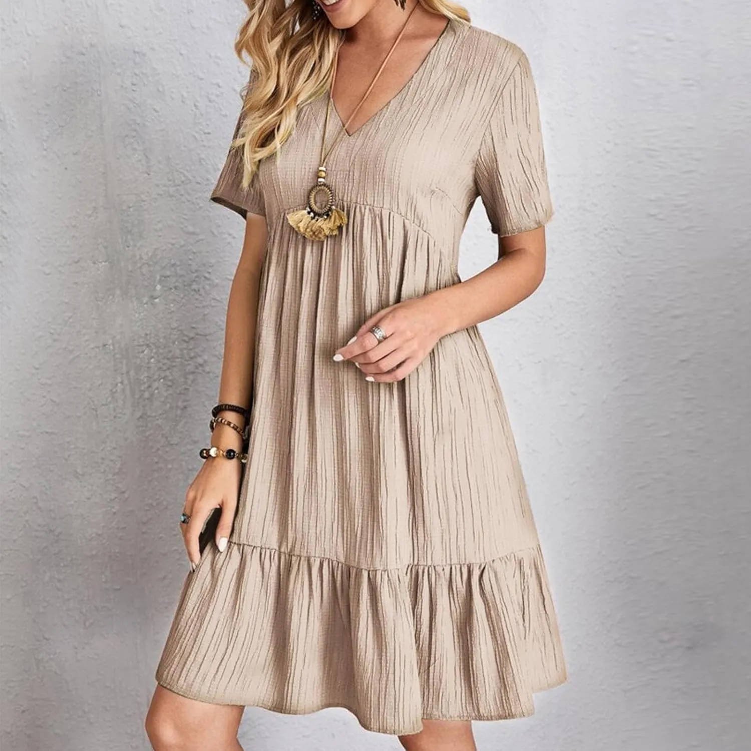 NaRHbrg Women's Casual Short Sleeve Dress V Neck Flowy Babydoll Summer A-Line Tunic Dresses Loose Fit Lightweight Sundress