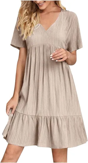 NaRHbrg Women's Casual Short Sleeve Dress V Neck Flowy Babydoll Summer A-Line Tunic Dresses Loose Fit Lightweight Sundress