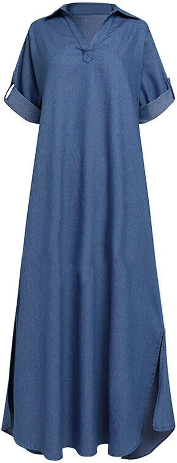 NaRHbrg Women's Denim Shirt Dress V-Neck Short Sleeve Sundress Loose Fit Casual Maxi Dresses for Summer and Fall