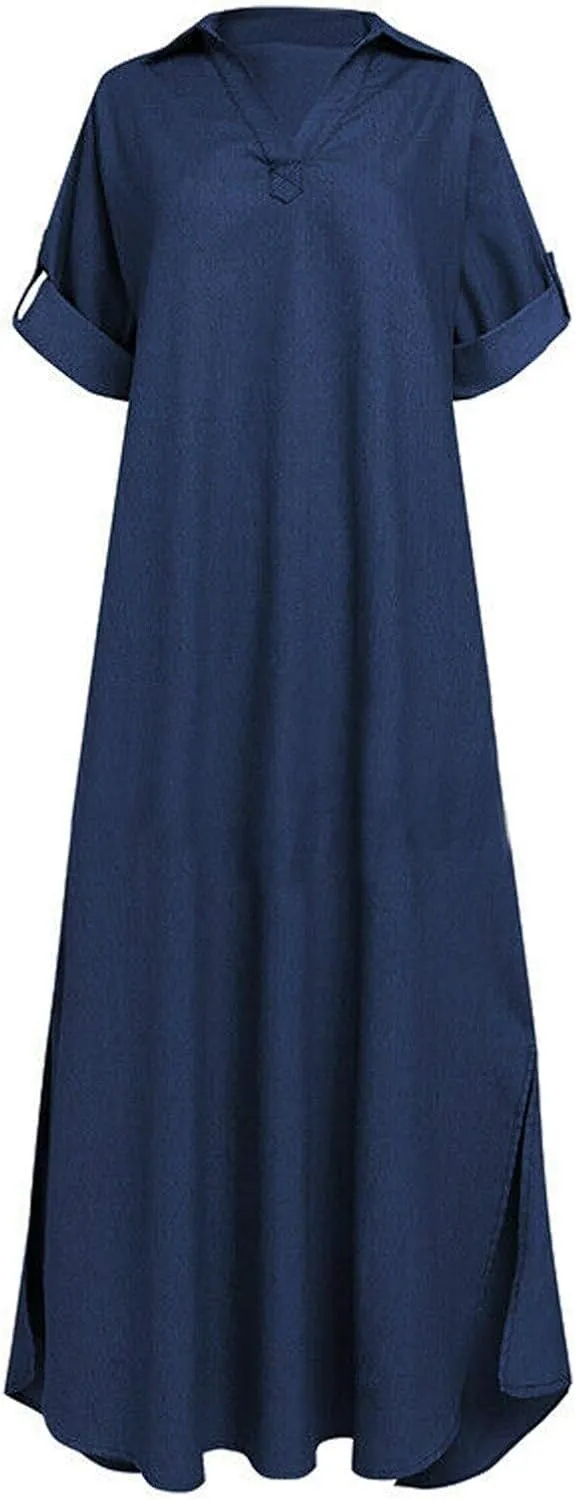 NaRHbrg Women's Denim Shirt Dress V-Neck Short Sleeve Sundress Loose Fit Casual Maxi Dresses for Summer and Fall