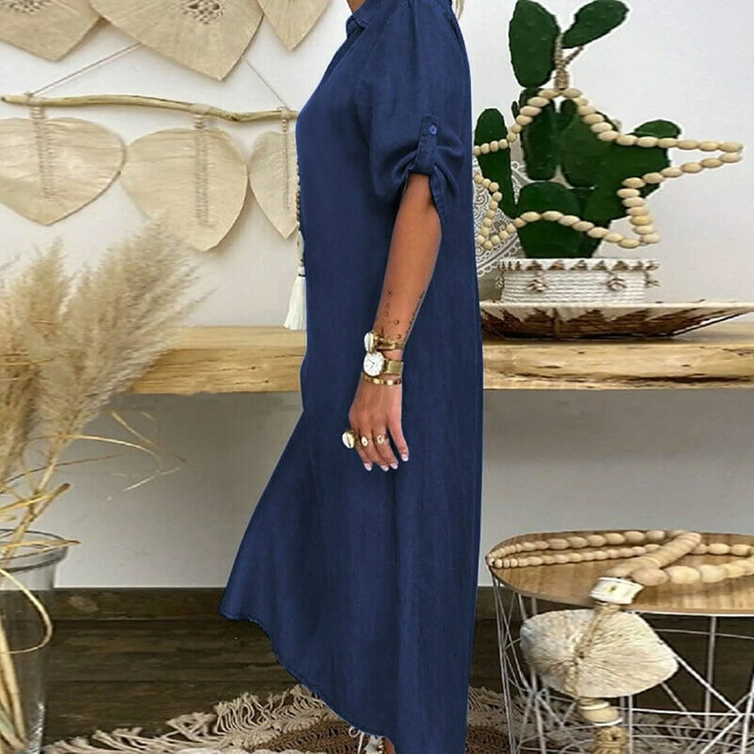 NaRHbrg Women's Denim Shirt Dress V-Neck Short Sleeve Sundress Loose Fit Casual Maxi Dresses for Summer and Fall