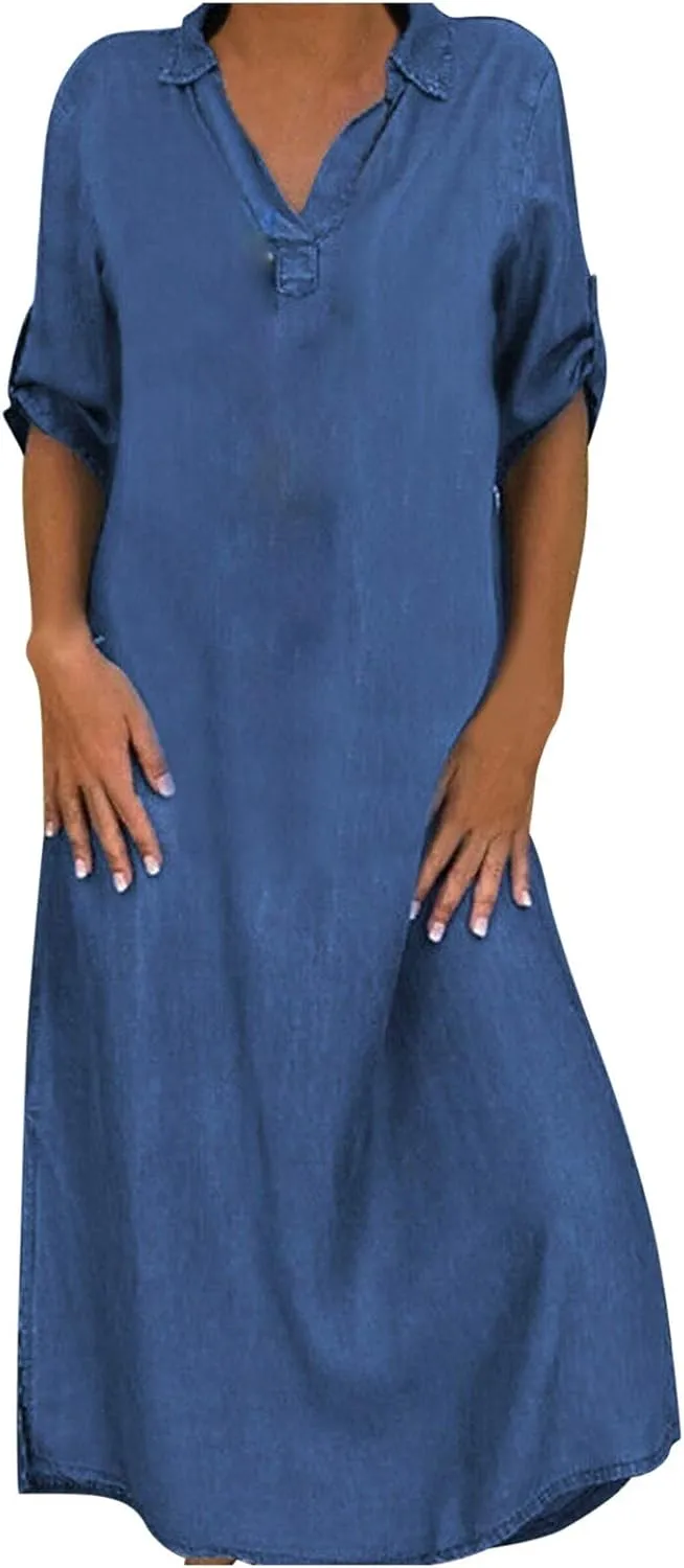 NaRHbrg Women's Denim Shirt Dress V-Neck Short Sleeve Sundress Loose Fit Casual Maxi Dresses for Summer and Fall