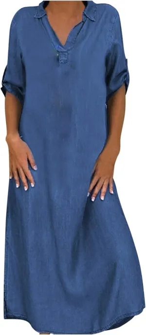 NaRHbrg Women's Denim Shirt Dress V-Neck Short Sleeve Sundress Loose Fit Casual Maxi Dresses for Summer and Fall