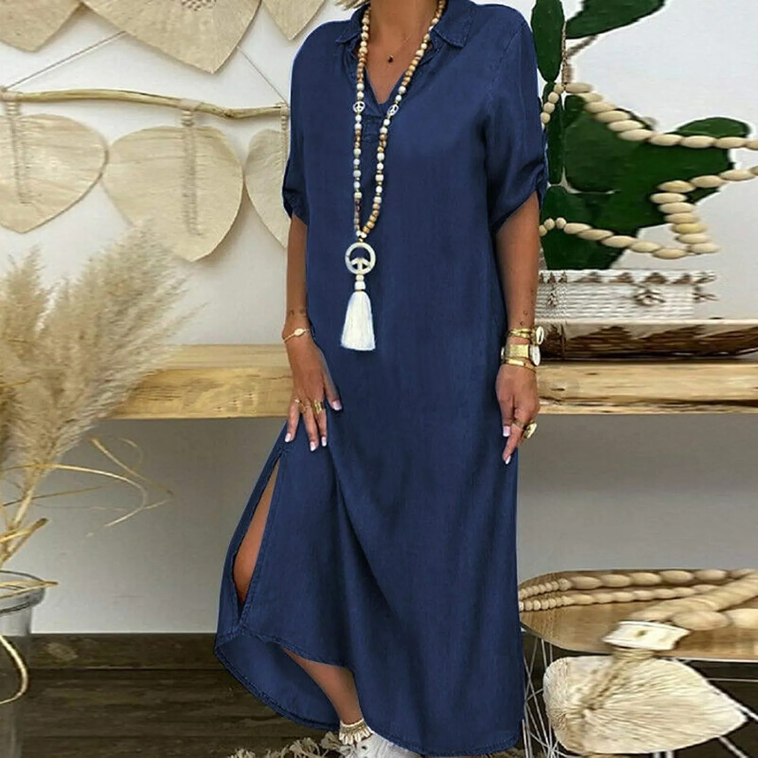 NaRHbrg Women's Denim Shirt Dress V-Neck Short Sleeve Sundress Loose Fit Casual Maxi Dresses for Summer and Fall