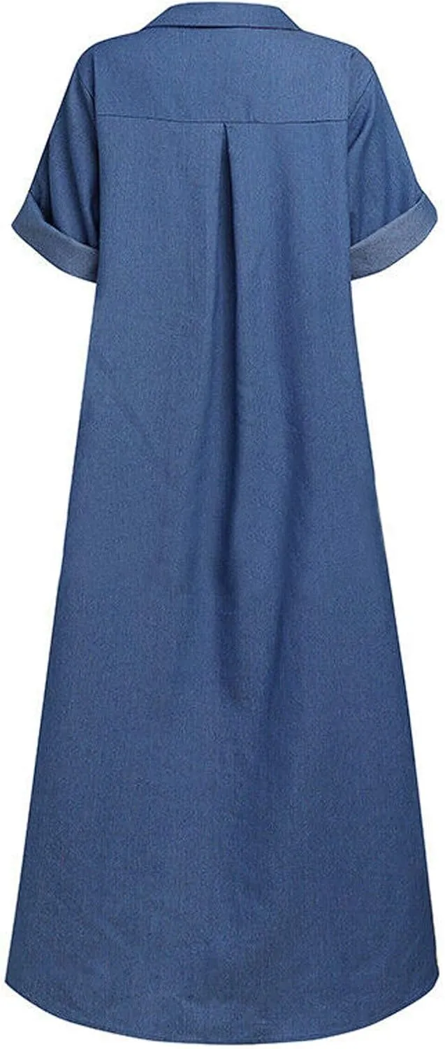 NaRHbrg Women's Denim Shirt Dress V-Neck Short Sleeve Sundress Loose Fit Casual Maxi Dresses for Summer and Fall