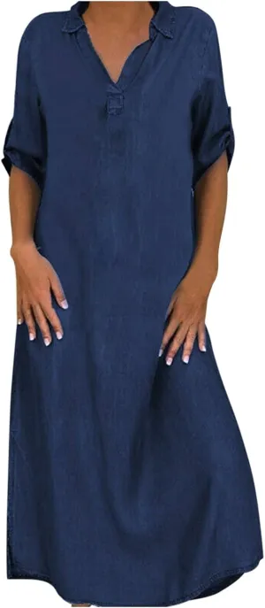 NaRHbrg Women's Denim Shirt Dress V-Neck Short Sleeve Sundress Loose Fit Casual Maxi Dresses for Summer and Fall