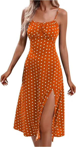 NaRHbrg Women's Polka Dot Spaghetti Strap Midi Dress High Waist Slit Flowy Summer Beach Casual Sundress
