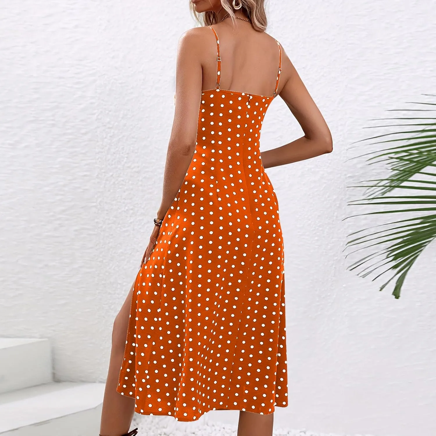 NaRHbrg Women's Polka Dot Spaghetti Strap Midi Dress High Waist Slit Flowy Summer Beach Casual Sundress