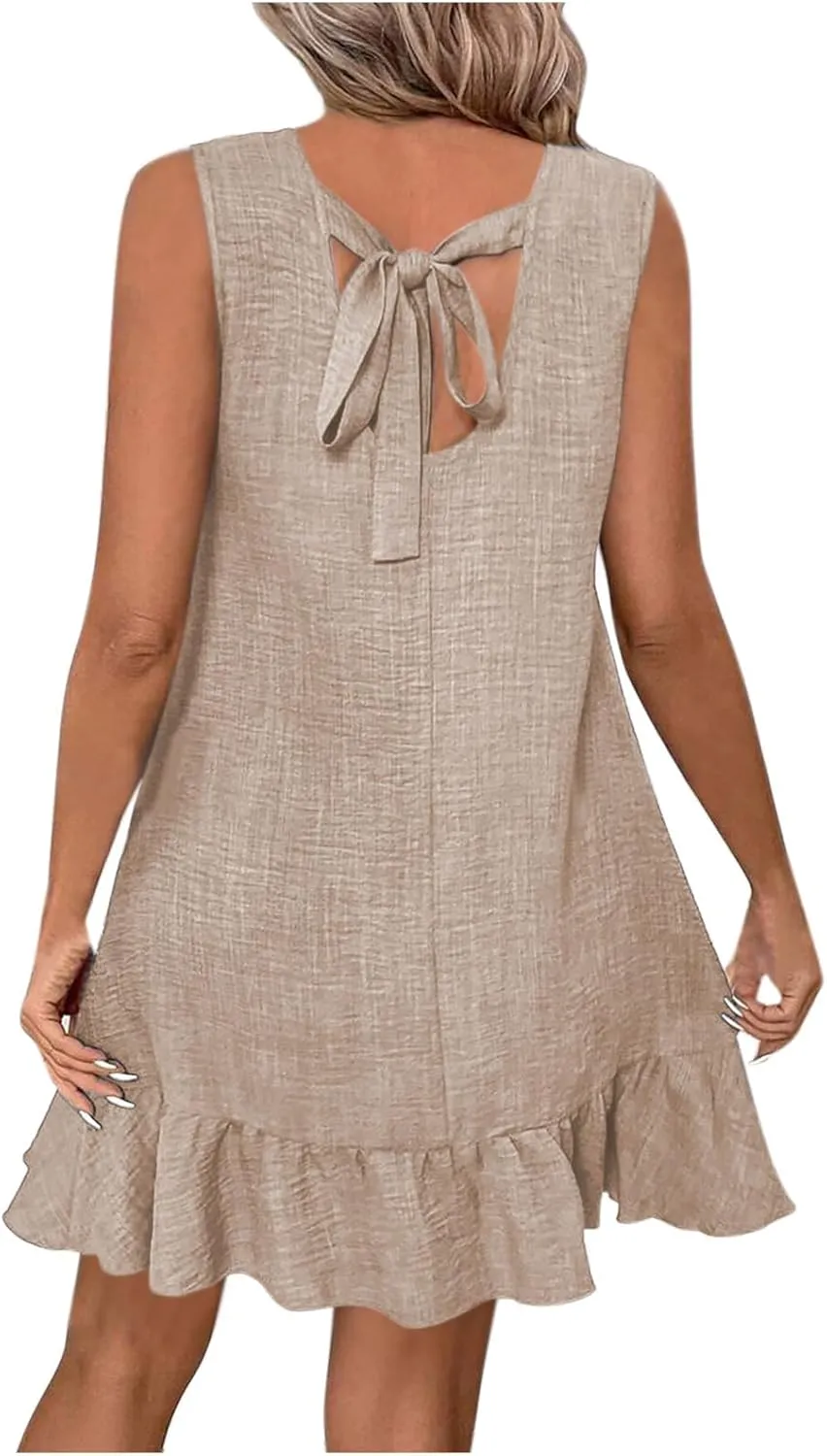 NaRHbrg Women's Sleeveless Ruffle Hem Dress Elegant Summer Dresses Casual Loose Fit A Line Mini Sundress for Beach Party