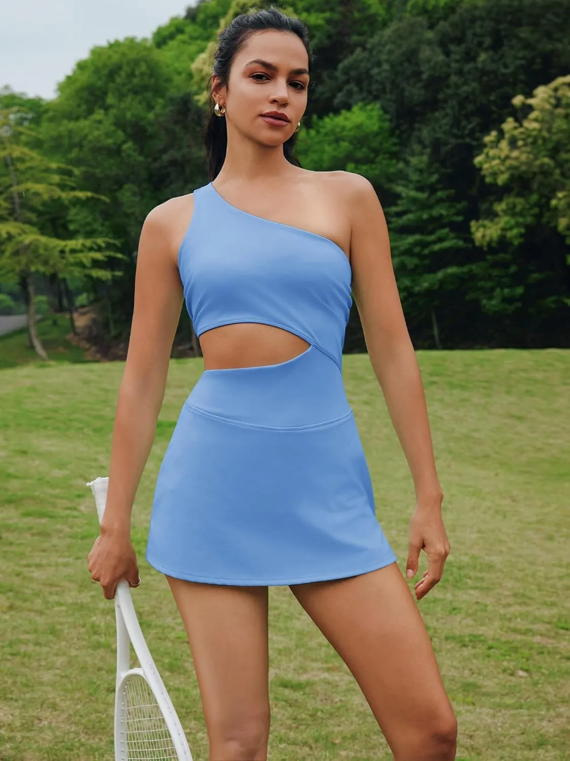 Nirovien Womens Sleeveless Workout Romper Dress with Shorts One Shoulder Skortsie Golf Athletic Tennis Dresses