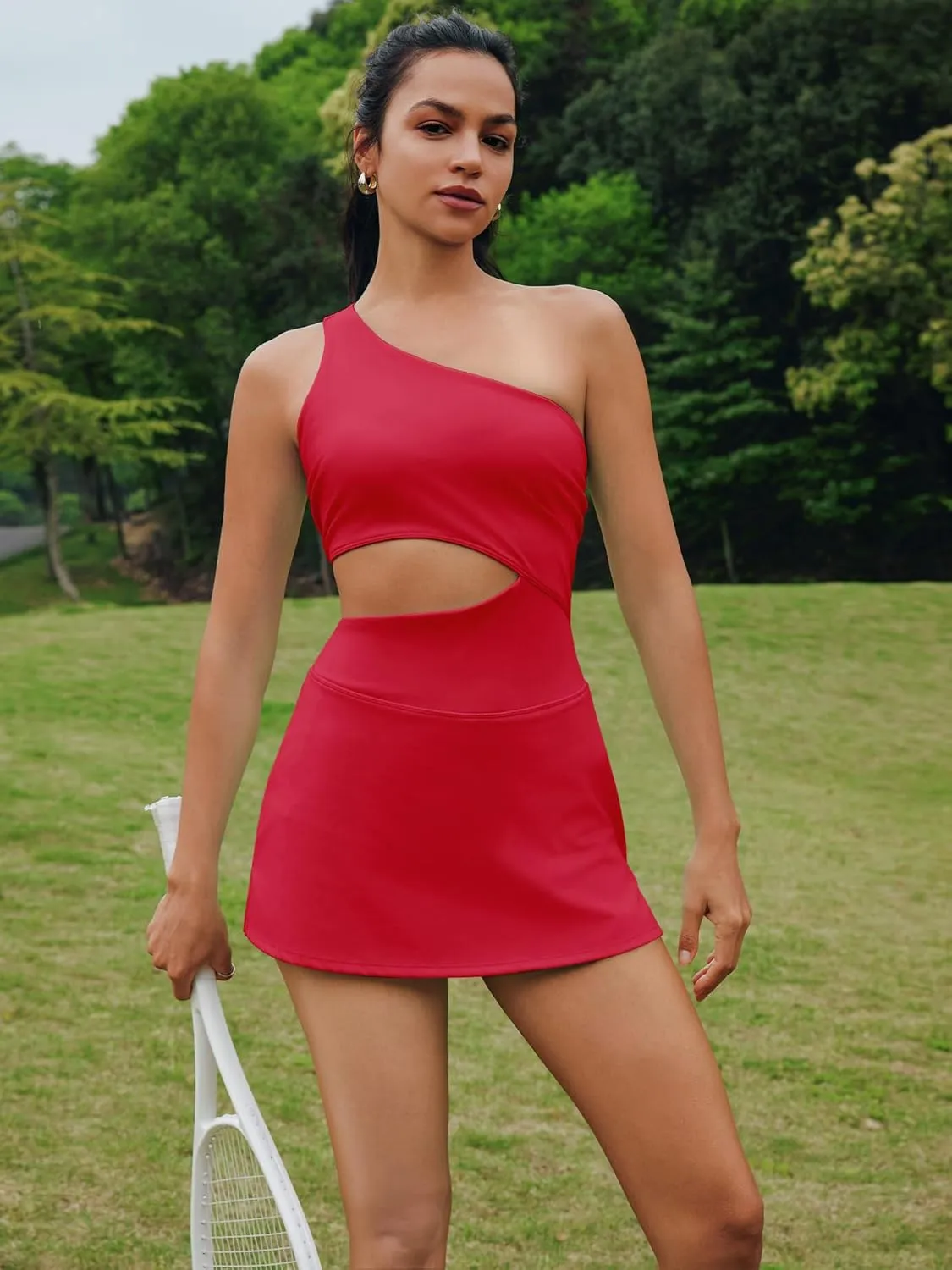 Nirovien Womens Sleeveless Workout Romper Dress with Shorts One Shoulder Skortsie Golf Athletic Tennis Dresses