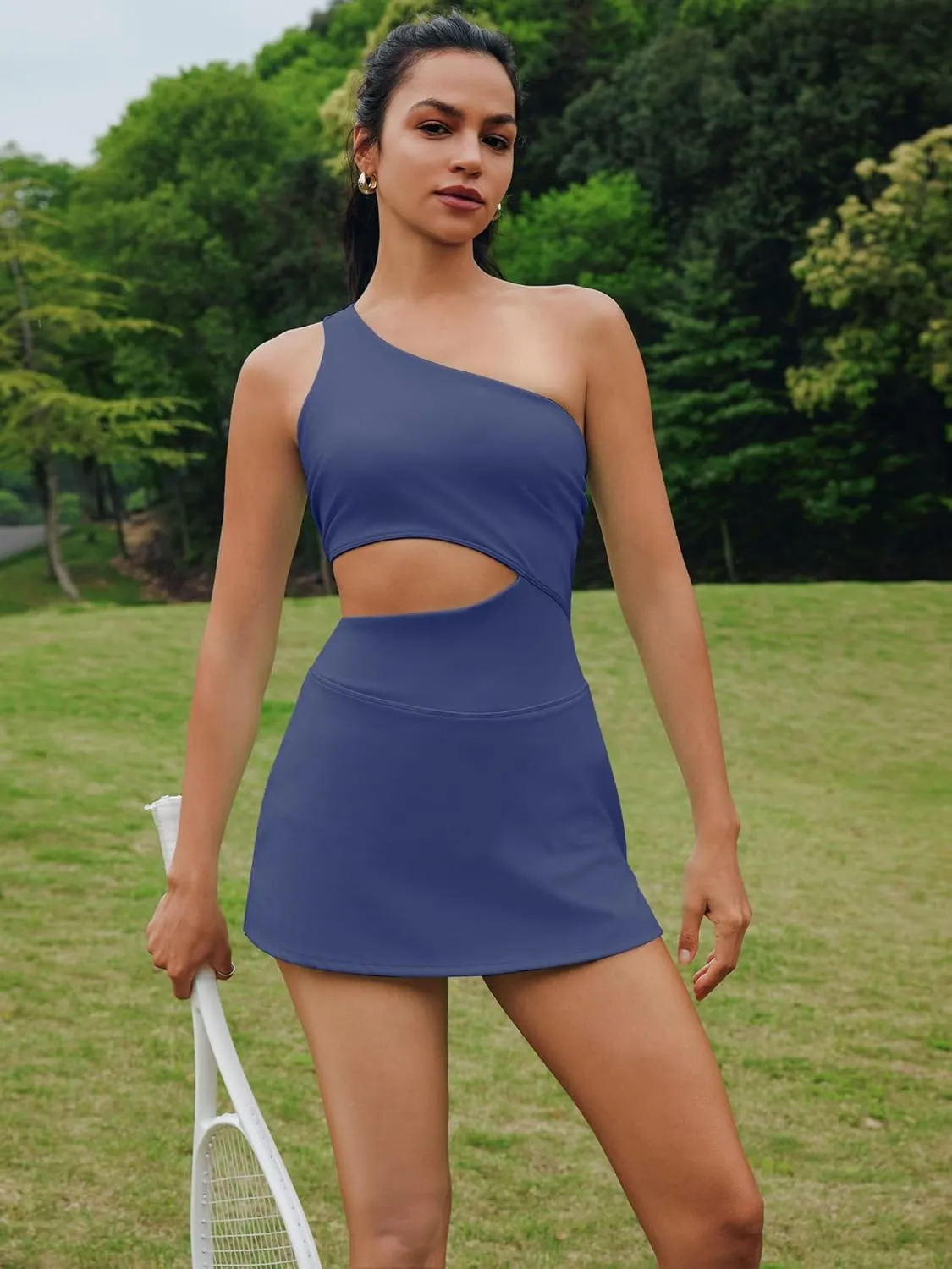 Nirovien Womens Sleeveless Workout Romper Dress with Shorts One Shoulder Skortsie Golf Athletic Tennis Dresses
