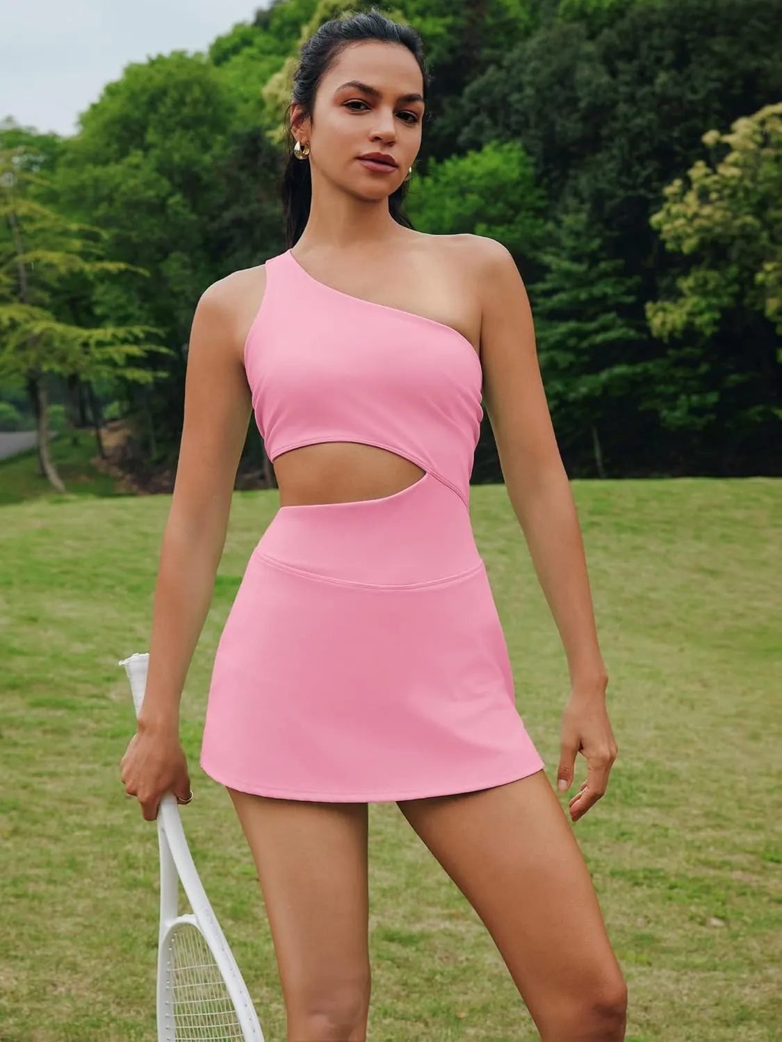 Nirovien Womens Sleeveless Workout Romper Dress with Shorts One Shoulder Skortsie Golf Athletic Tennis Dresses