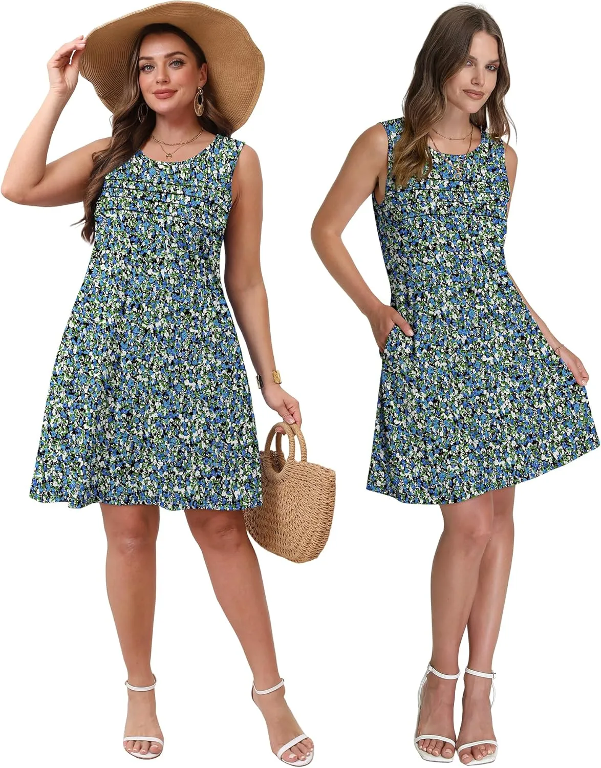 OFEEFAN Womens Pleated Front Tank Dresses Fashion Spring Sleeveless Pockets Sundress Casual Summer