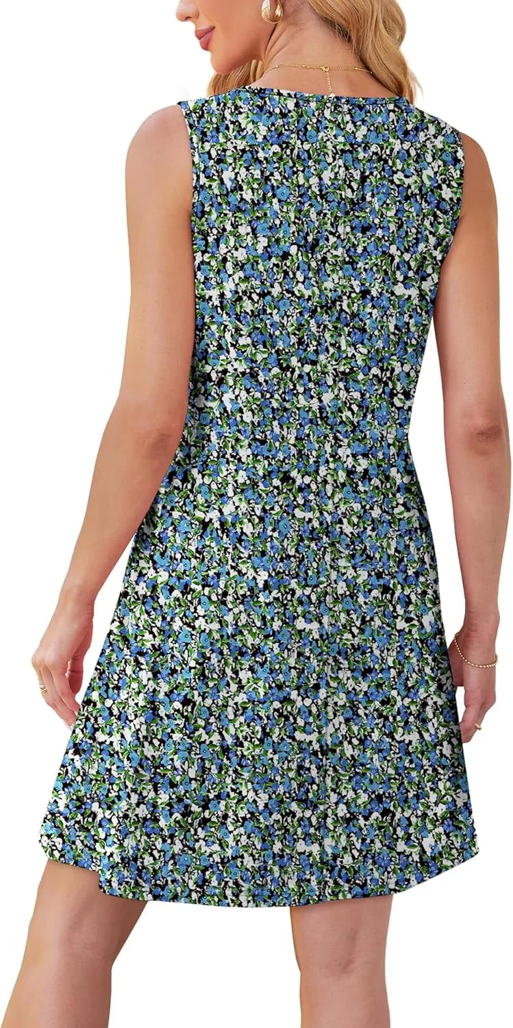 OFEEFAN Womens Pleated Front Tank Dresses Fashion Spring Sleeveless Pockets Sundress Casual Summer