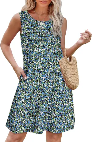 OFEEFAN Womens Pleated Front Tank Dresses Fashion Spring Sleeveless Pockets Sundress Casual Summer