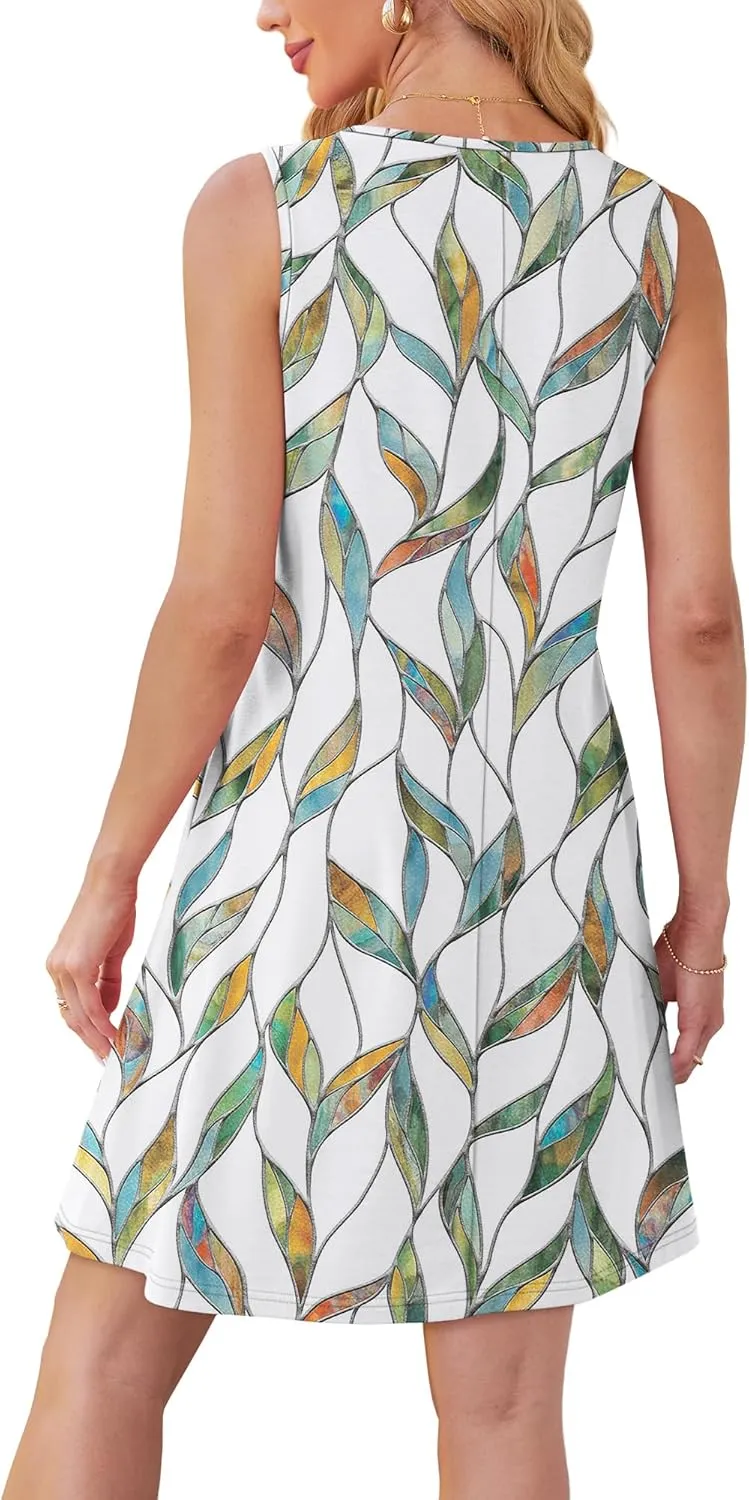 OFEEFAN Womens Pleated Front Tank Dresses Fashion Spring Sleeveless Pockets Sundress Casual Summer
