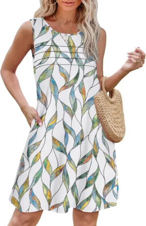 OFEEFAN Womens Pleated Front Tank Dresses Fashion Spring Sleeveless Pockets Sundress Casual Summer
