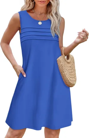 OFEEFAN Womens Pleated Front Tank Dresses Fashion Spring Sleeveless Pockets Sundress Casual Summer