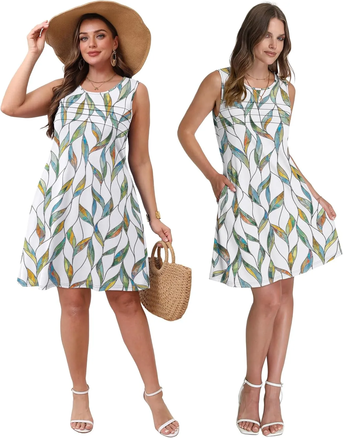 OFEEFAN Womens Pleated Front Tank Dresses Fashion Spring Sleeveless Pockets Sundress Casual Summer