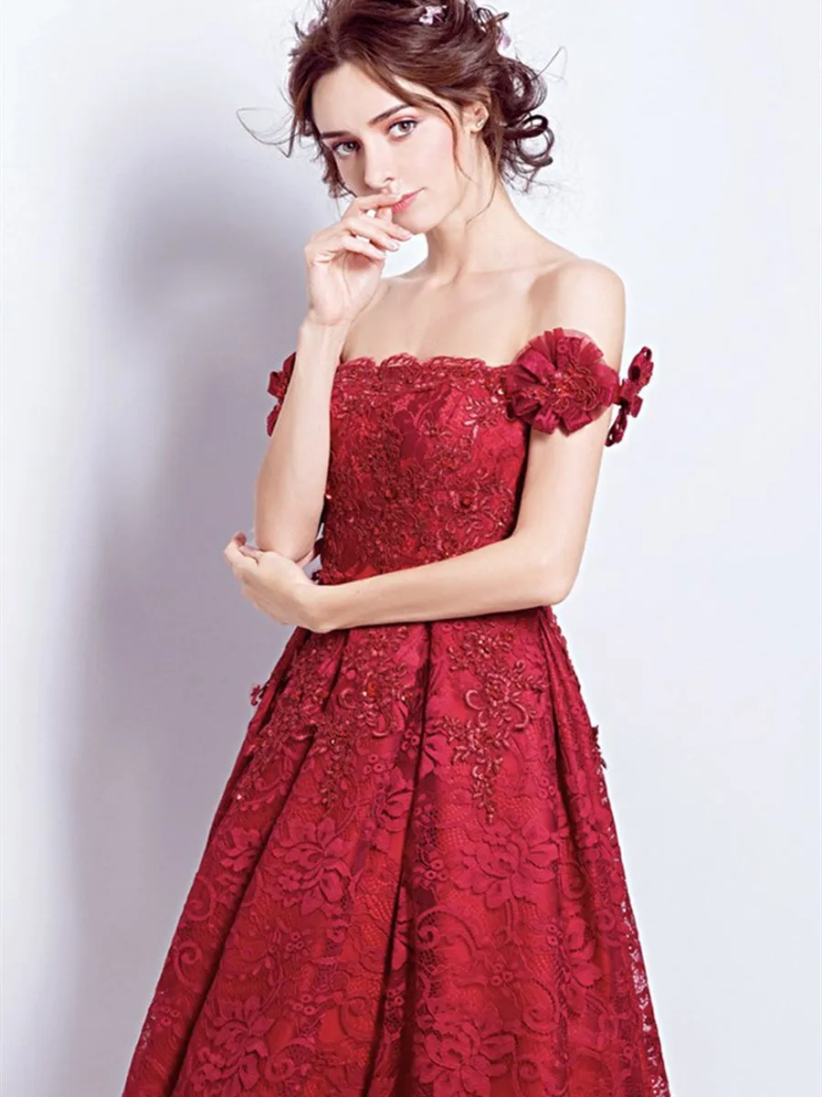 Off Shoulder Burgundy Lace Short Prom Homecoming Dresses, Burgundy Lace Formal Graduation Evening Dresses, Burgundy Cocktail Dresses
