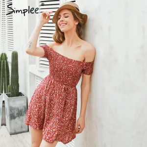 Off shoulder floral summer Vintage high waist beach dress