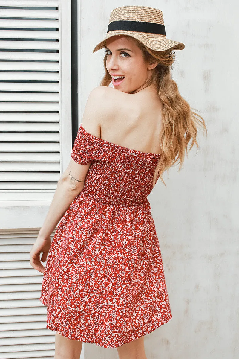 Off shoulder floral summer Vintage high waist beach dress