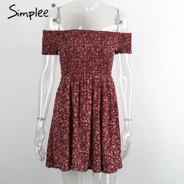 Off shoulder floral summer Vintage high waist beach dress