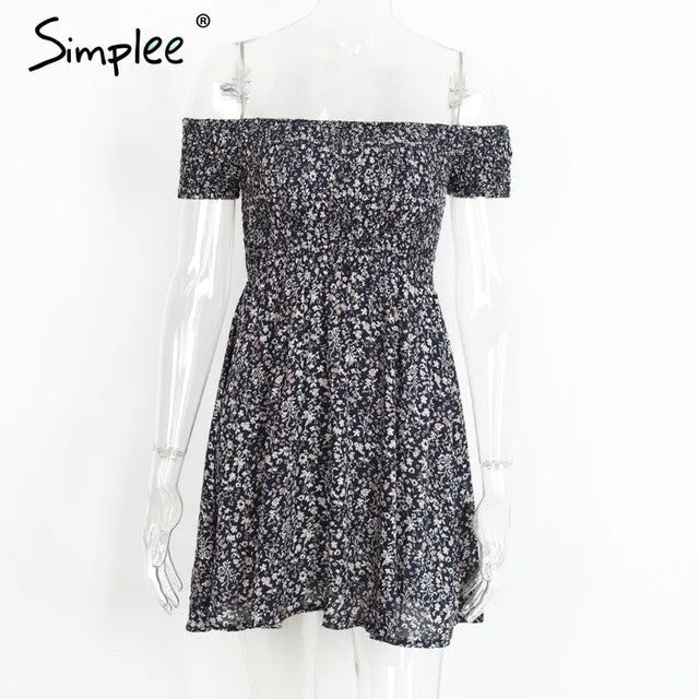 Off shoulder floral summer Vintage high waist beach dress