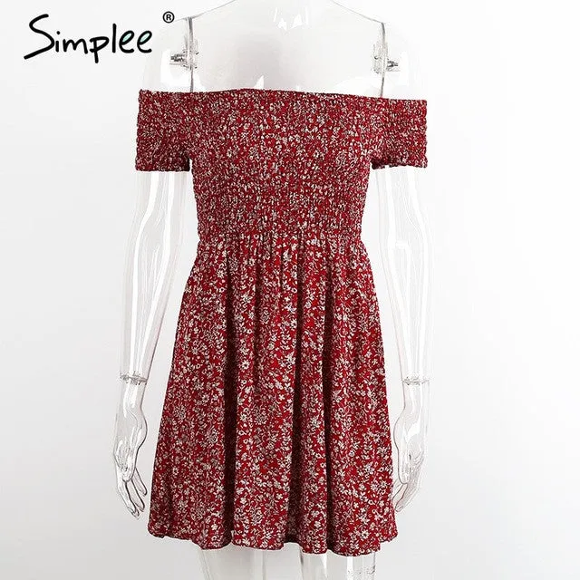 Off shoulder floral summer Vintage high waist beach dress