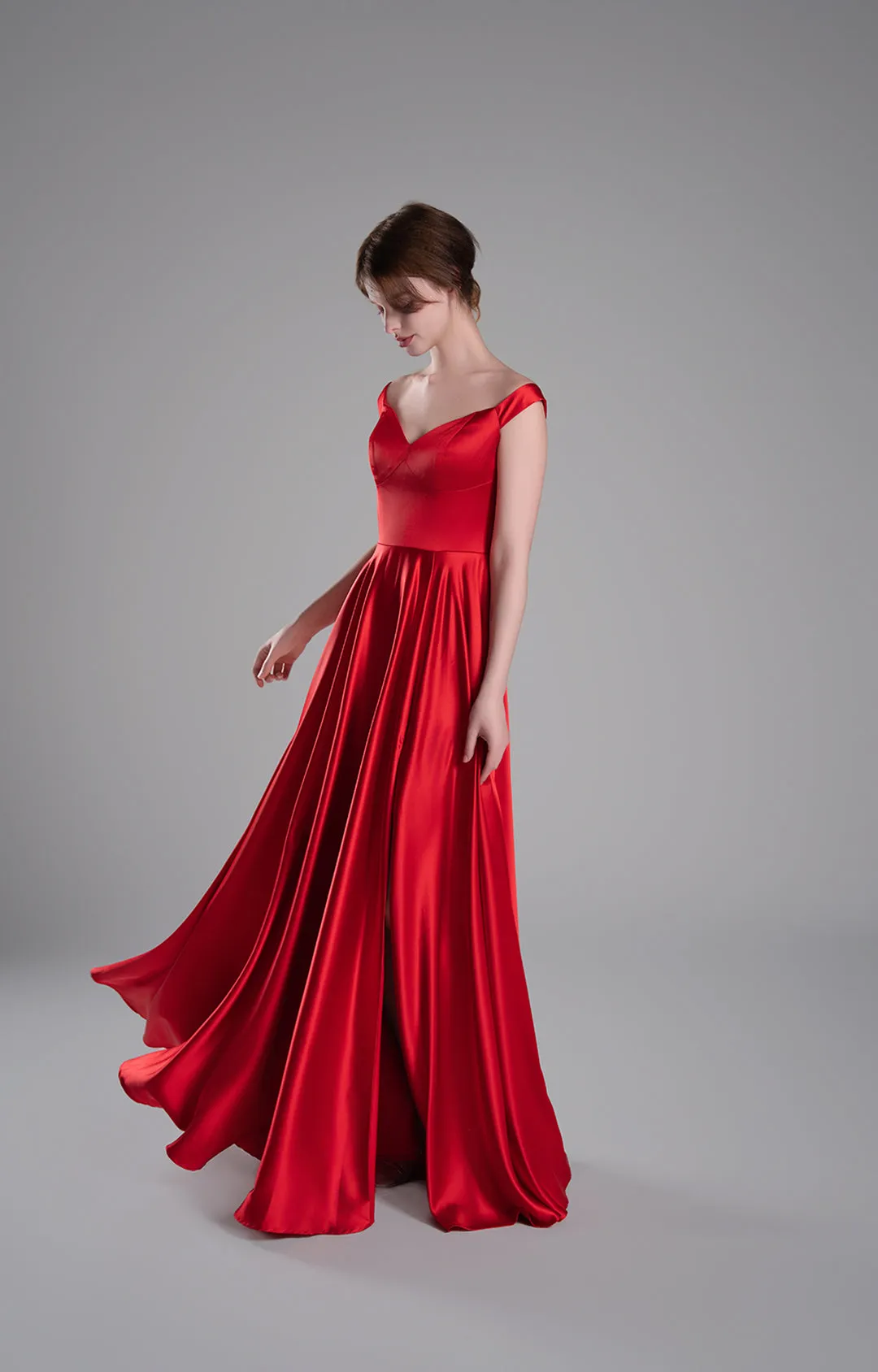 Off-Shoulder Flowing Side Slit A-Line Evening Dresses