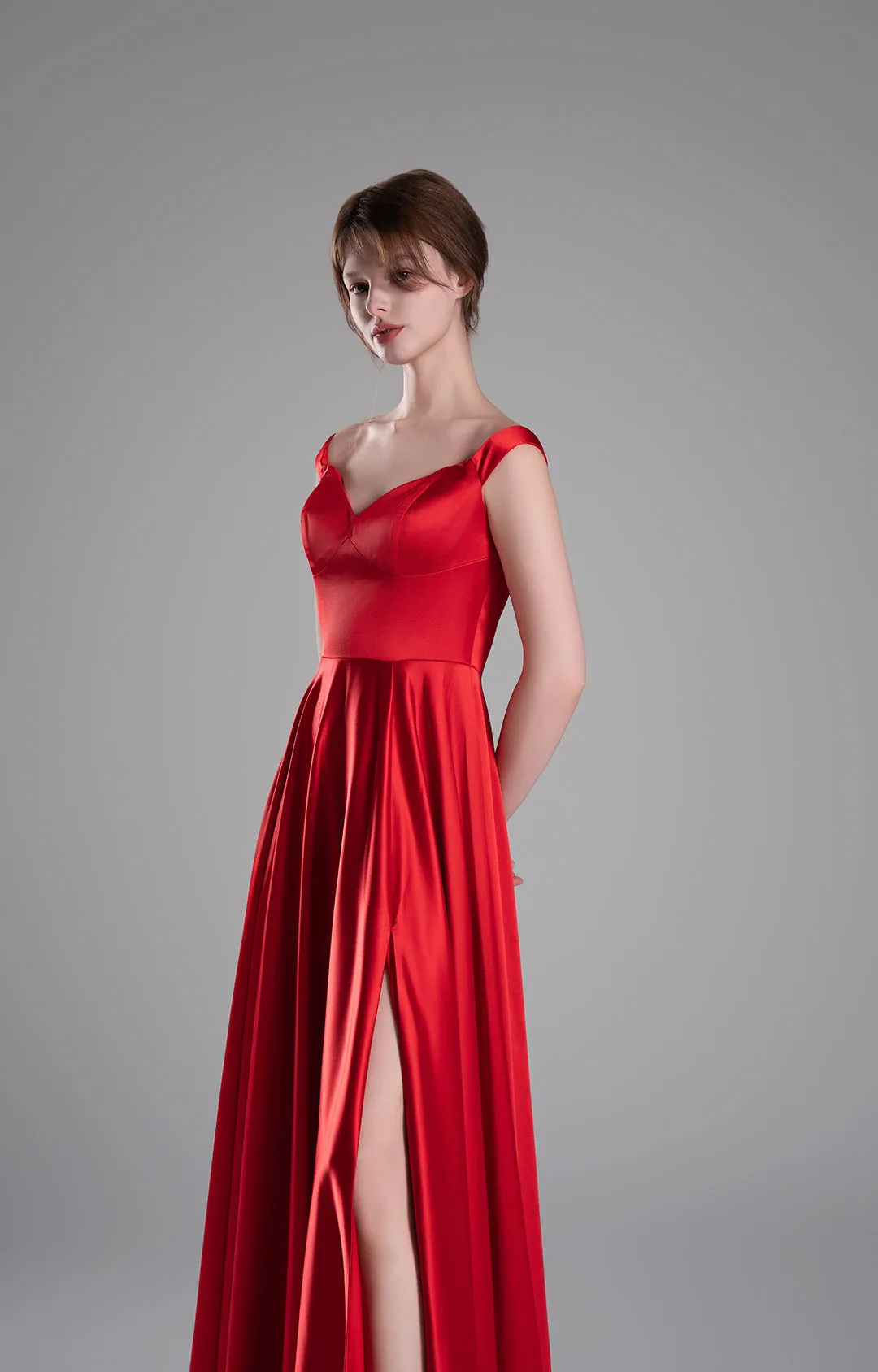 Off-Shoulder Flowing Side Slit A-Line Evening Dresses