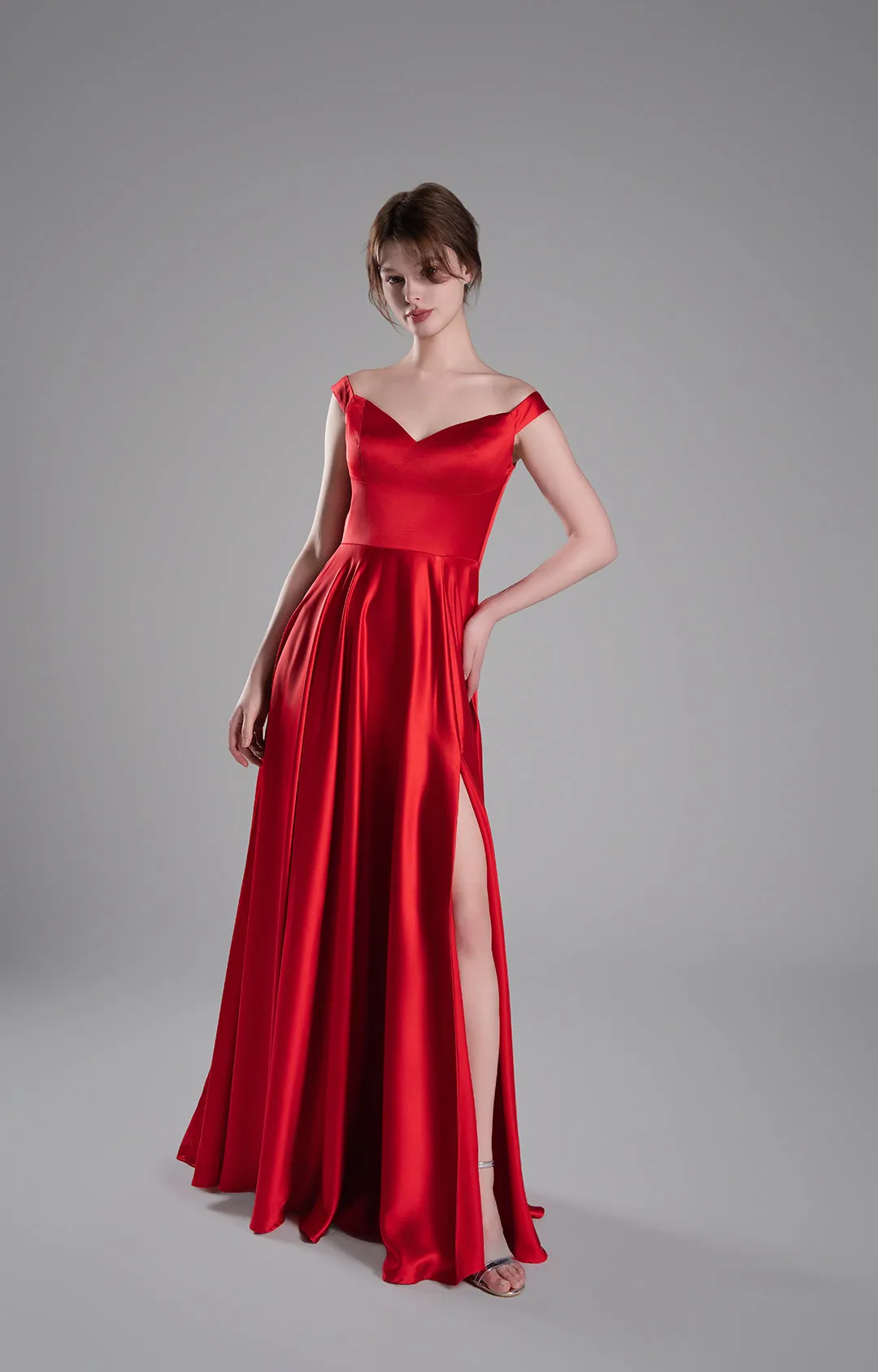 Off-Shoulder Flowing Side Slit A-Line Evening Dresses