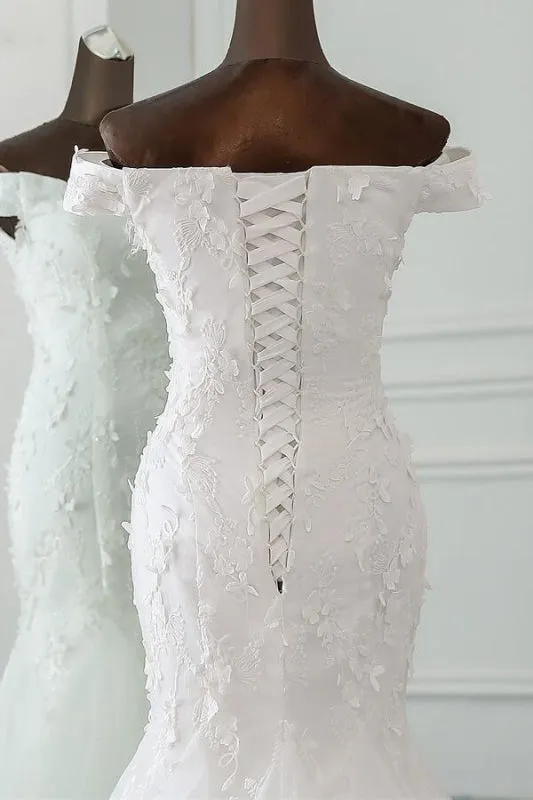 Off Shoulder Lace-up Applique Mermaid Wedding Dress