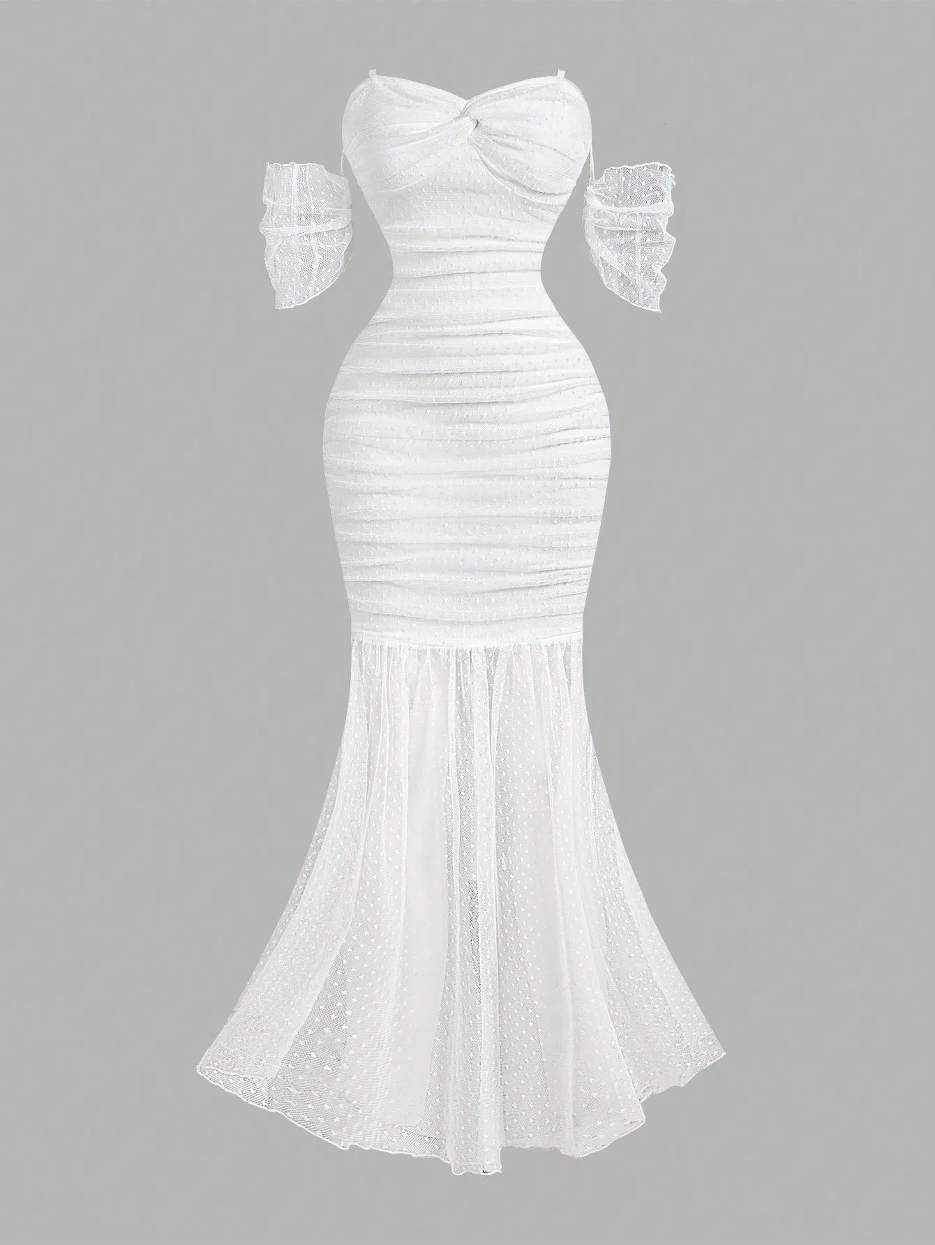 Off-Shoulder Mesh Evening Dress