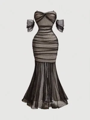 Off-Shoulder Mesh Evening Dress